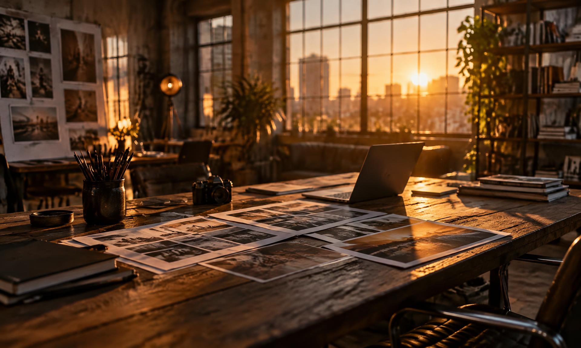 Creative studio workspace at golden hour